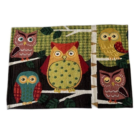 Set of 2 Owl Tapestry Placemats Woodland Boho Folk Art Woven Table Decor VTG - Picture 2 of 6